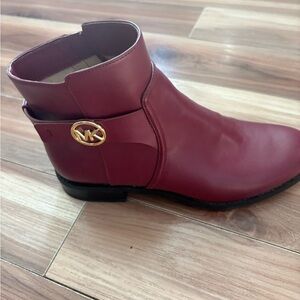 Michael Kors Burgundy Leather Ankle Boot with Gold MK Accent